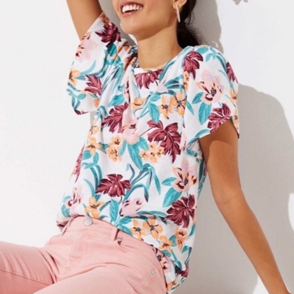 Loft | Vintage Soft Floral Tulip Short Sleeve Tee Size Large 100% Cotton - Picture 2 of 8